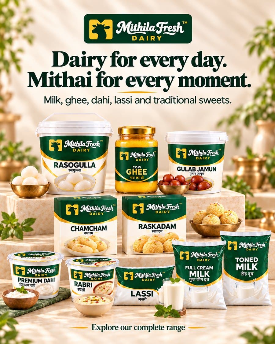 Mithila Fresh Dairy complete range poster: dairy for every day, mithai for every moment