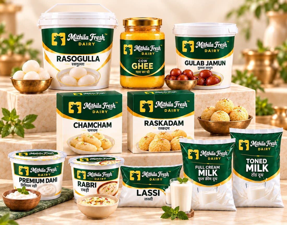 The Mithila Fresh Dairy range: rasogulla, cow ghee, gulab jamun, chamcham, raskadam, premium dahi, rabri, lassi, paneer and milk