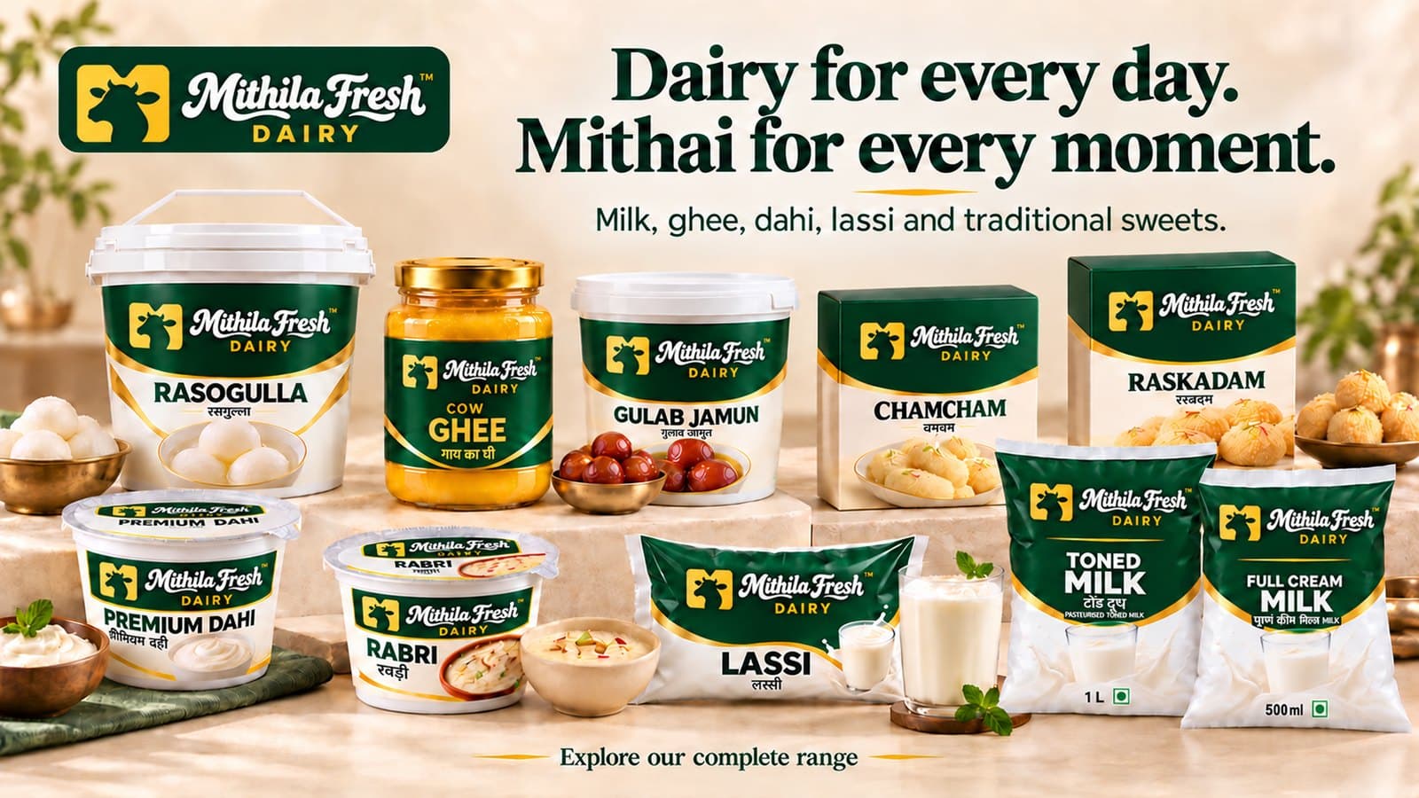The Mithila Fresh Dairy range: milk, ghee, dahi, lassi, rabri and traditional sweets